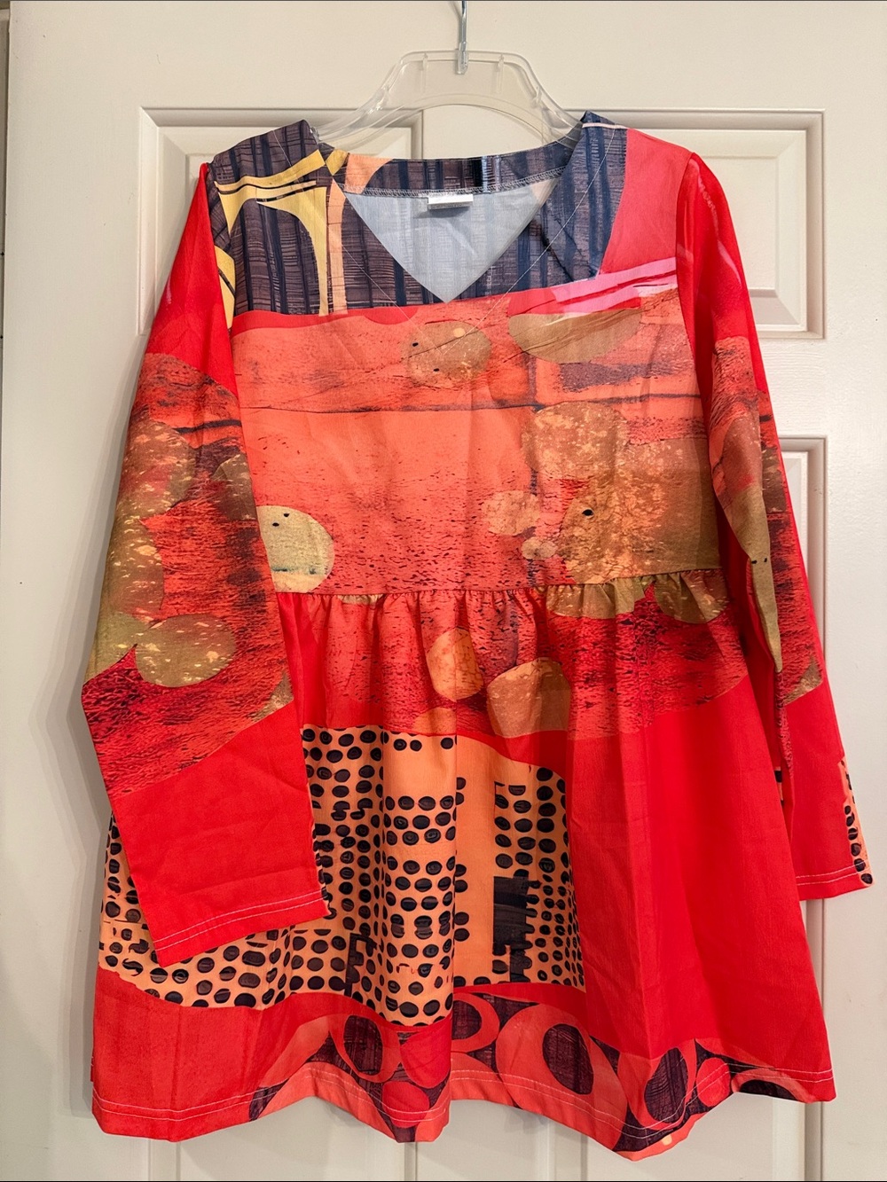 Womens Abstract Red Long-Sleeve Tunic
